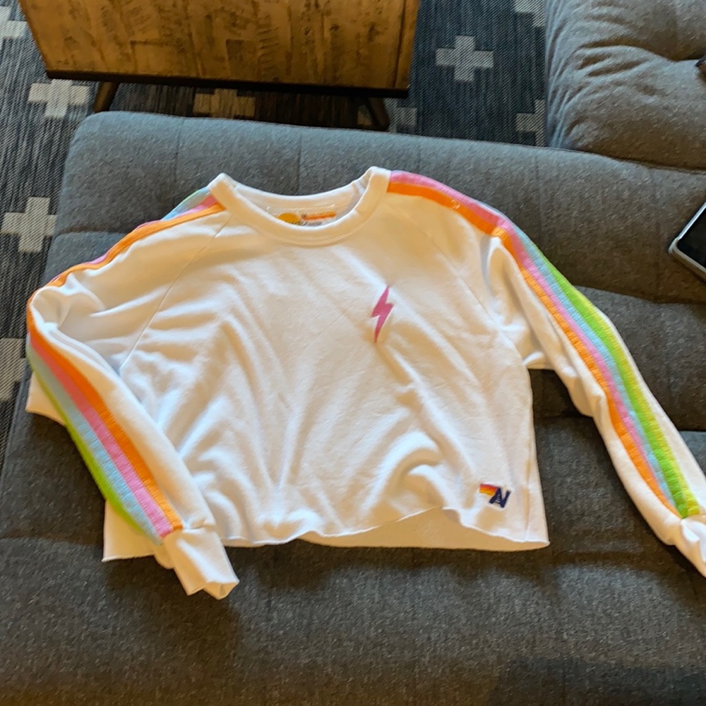 White/rainbow aviator nation cropped hoodie
